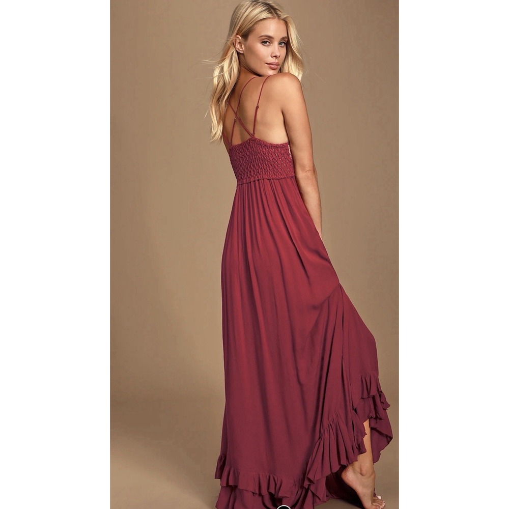 FREE PEOPLE  ADELLA Maxi Slip Dress XS Gauze Boho Embroidered Cranberry Red - Picture 4 of 10